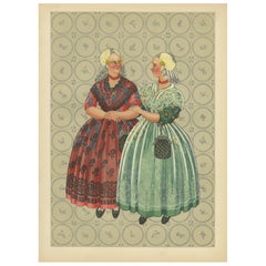 Vintage Friesland Gala Dress with Gold Caps and Coral, Dutch Print, 1932
