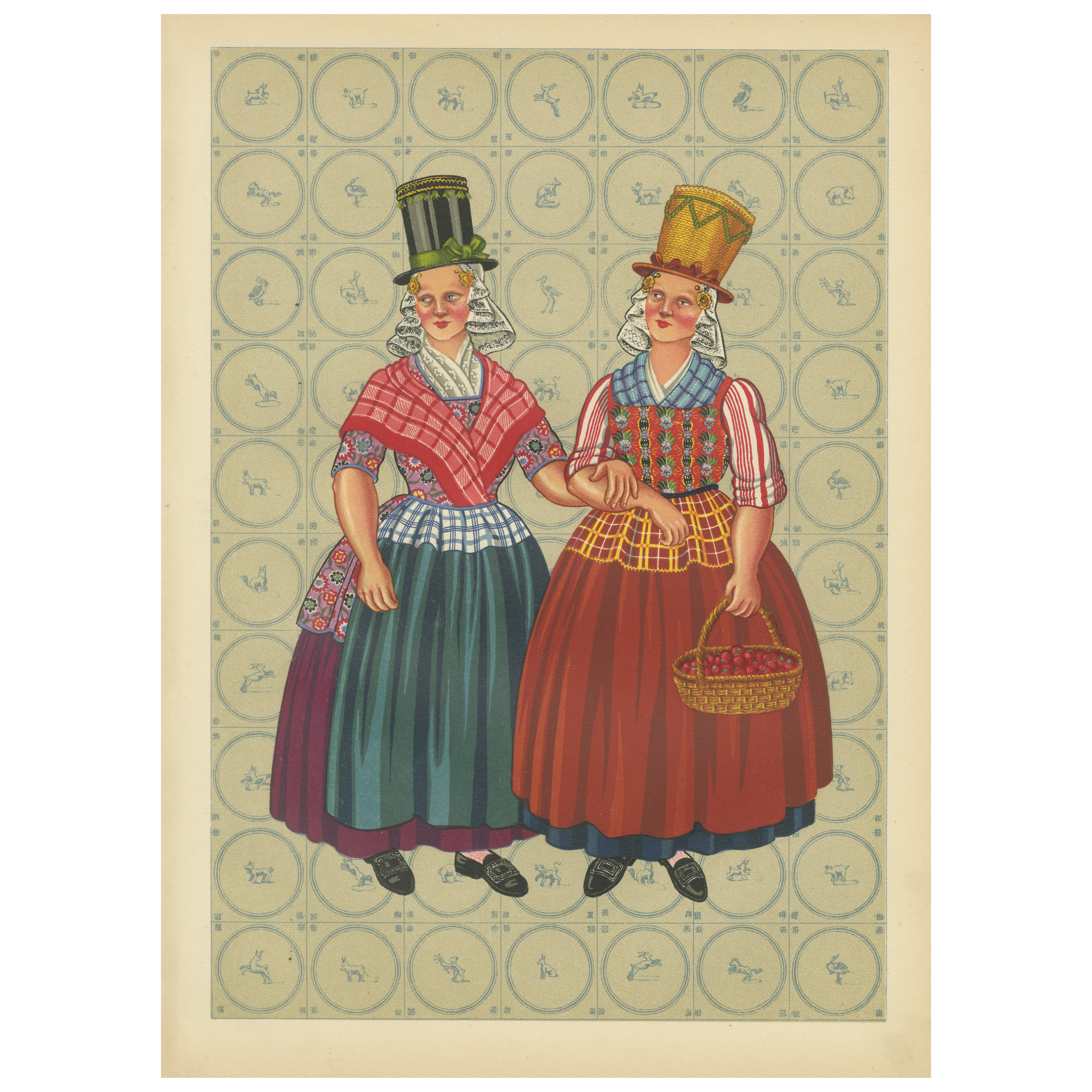 Chromolithographie flämischer Frauen mit hohen Sonntagshuts und karierten Schürzen, 1932