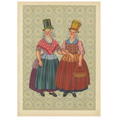 Chromolithograph of Frisian Women in Tall Sunday Hats and Checked Aprons, 1932