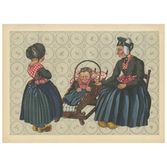 Vintage Charming Dutch Folk Art Print of Staphorst Mother and Children in Costume, 1932