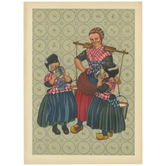 Vintage Dutch Folk Costume Print – Everyday Staphorst Dress with Children and Milkmaid