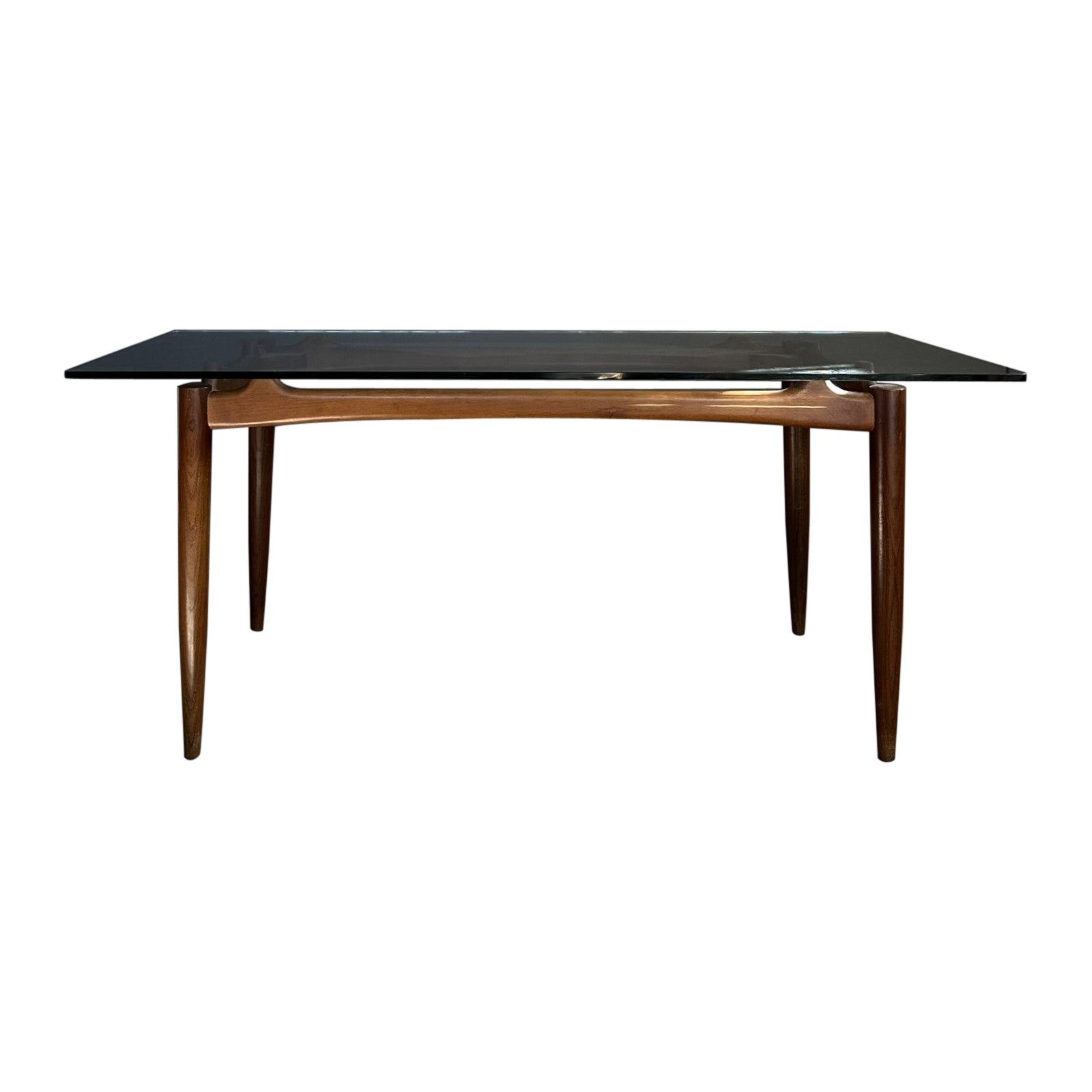 Table des années 60, fabrication italienne, base en bois avec plateau en verre trempé en vente