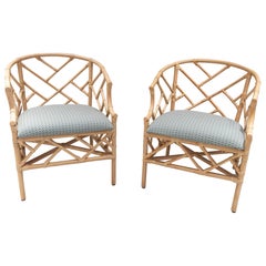 Pair of Bamboo Armchairs with Newly Upholstered Seat in a Greenish Tone