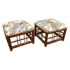 1970s Pair of Omitation Bamboo Wooden Stools with Tropical Motif Upholstery