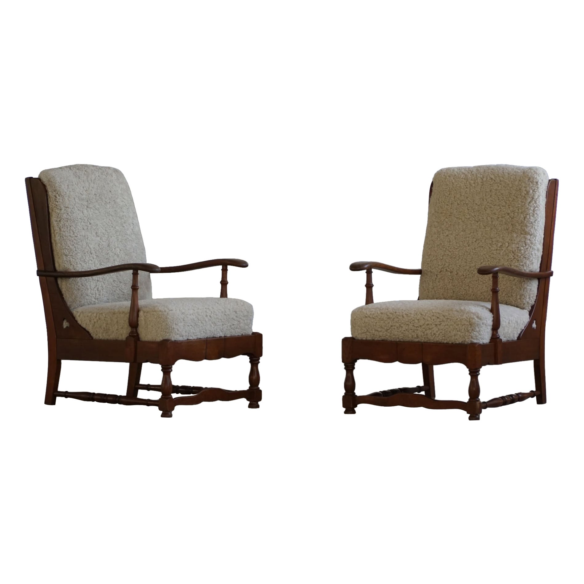 Danish Modern, A Pair of Highback Lounge Chairs in Oak & Lambswool, 1950s