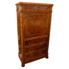Antique 1850s Aesthetic Secretaire in Birch Wood with Faux Bamboo Cane Decoration