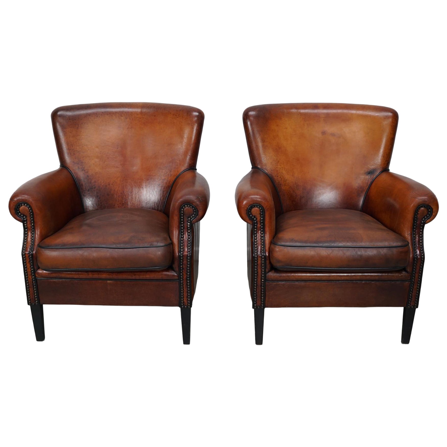 Vintage Dutch Cognac Colored Leather Club Chair, Set of 2
