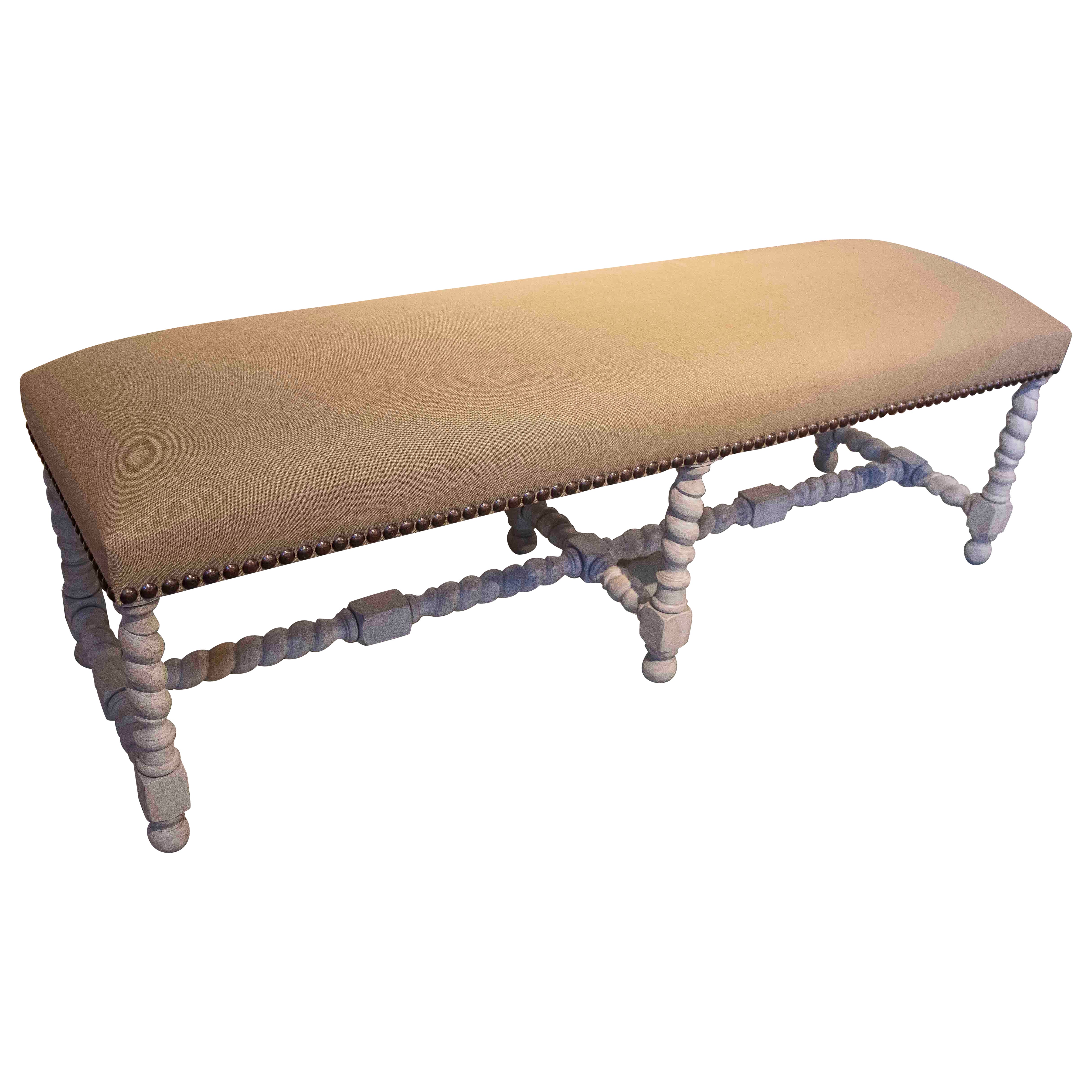 1990s Long Upholstered Bench with Turned Legs Carved in Rustic-Style Wood
