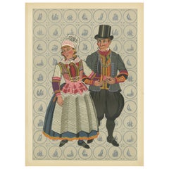 Vintage Dutch Folk Couple in Vibrant Marriage Dress from Marken, Netherlands, c.1932