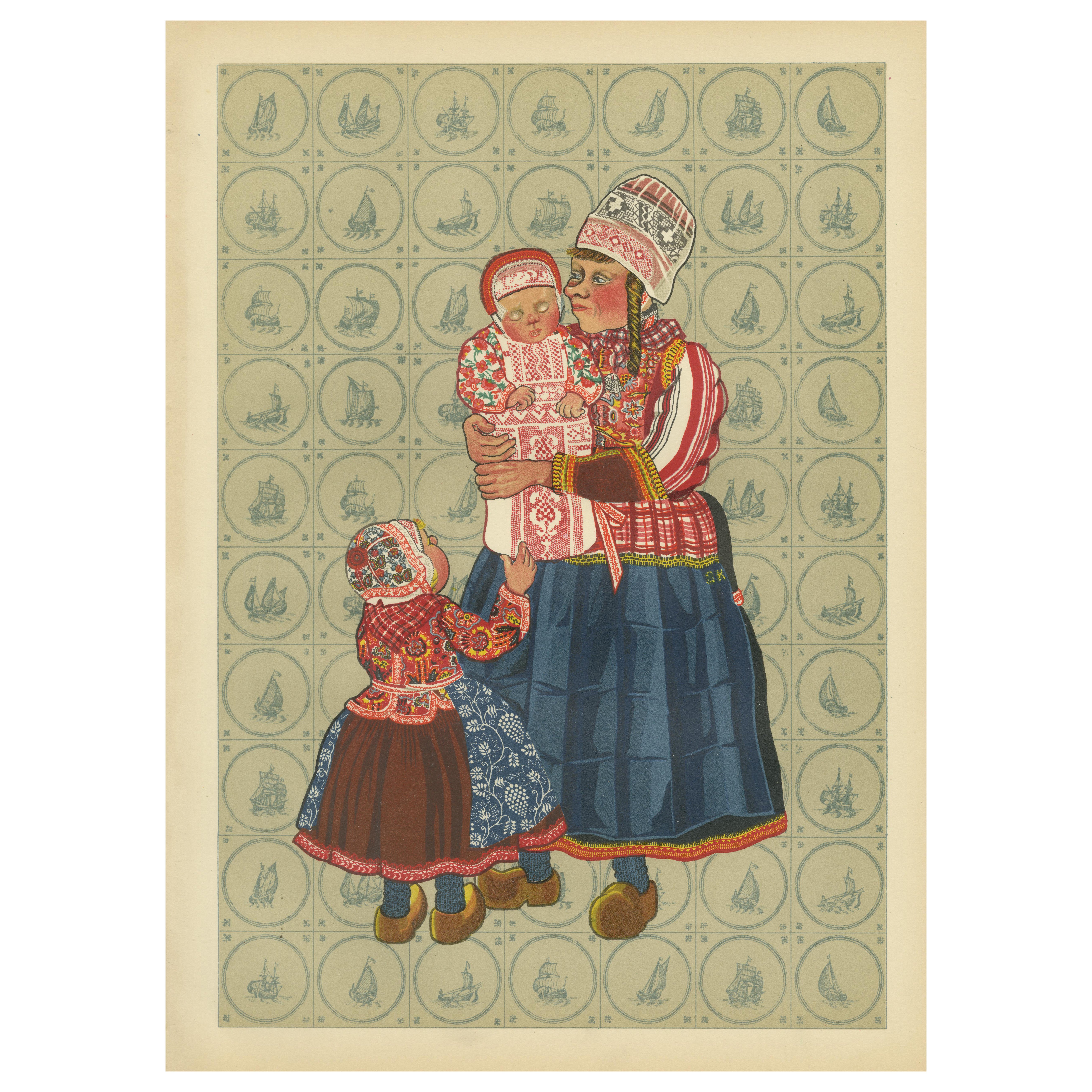 Holländische Frauen und Kleinkind Tracht aus Marken - Alter Trachtdruck, 1932