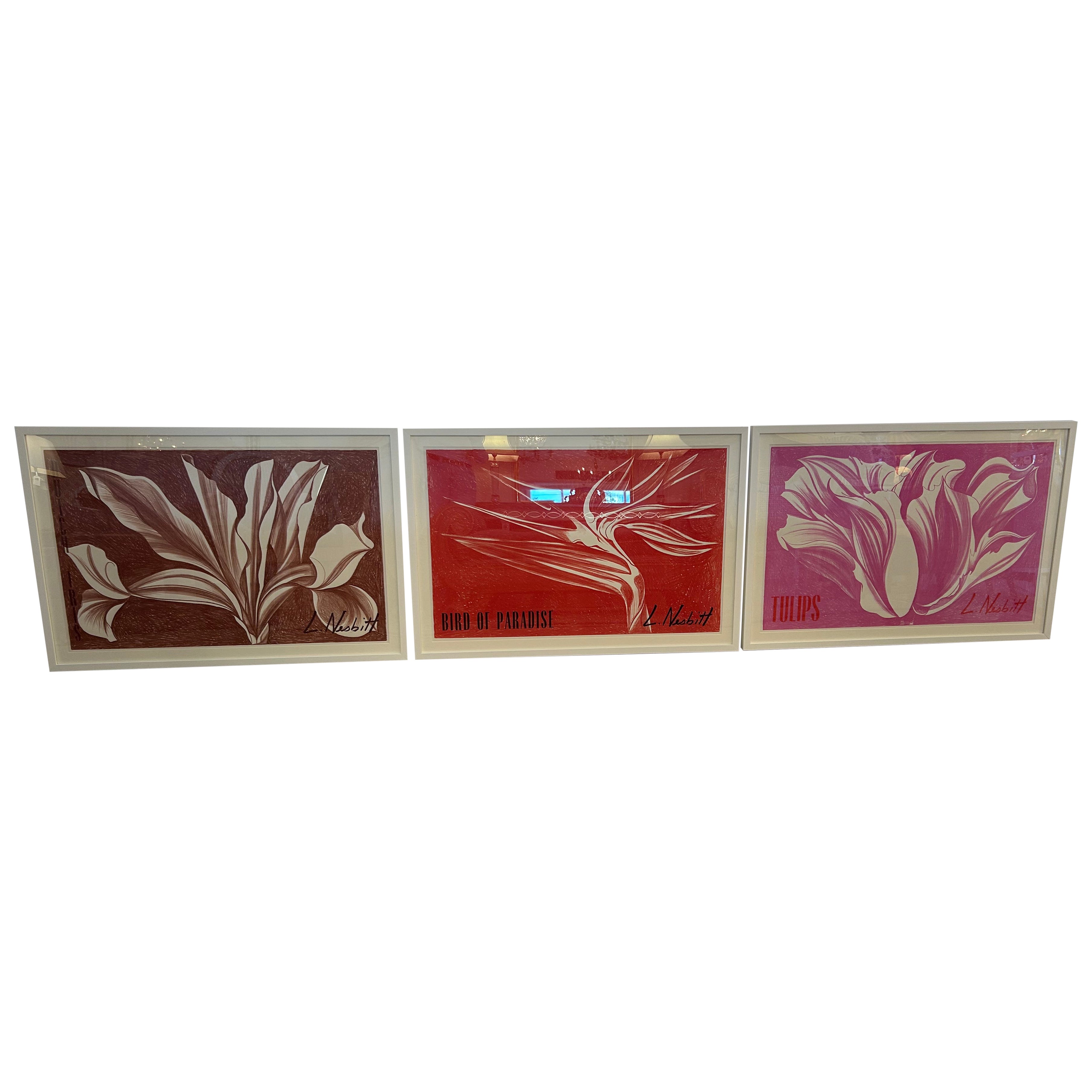 Striking Set of 3 Lowell Nesbitt Flower Lithographs Newly Framed
