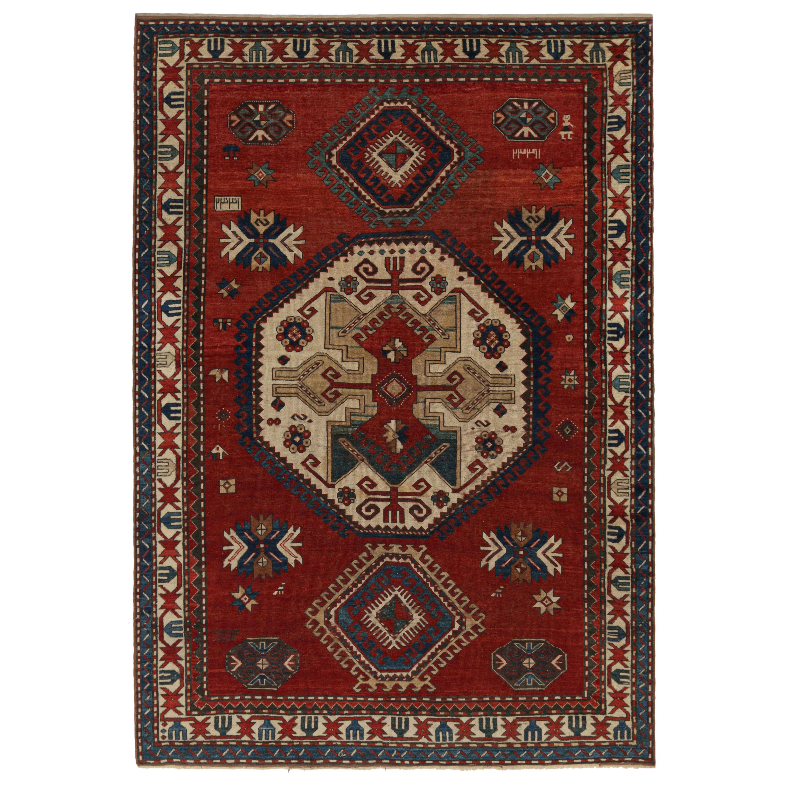 Antique Kazak Persian Rug, Red with Large Geometric Medallions - Rug & Kilim