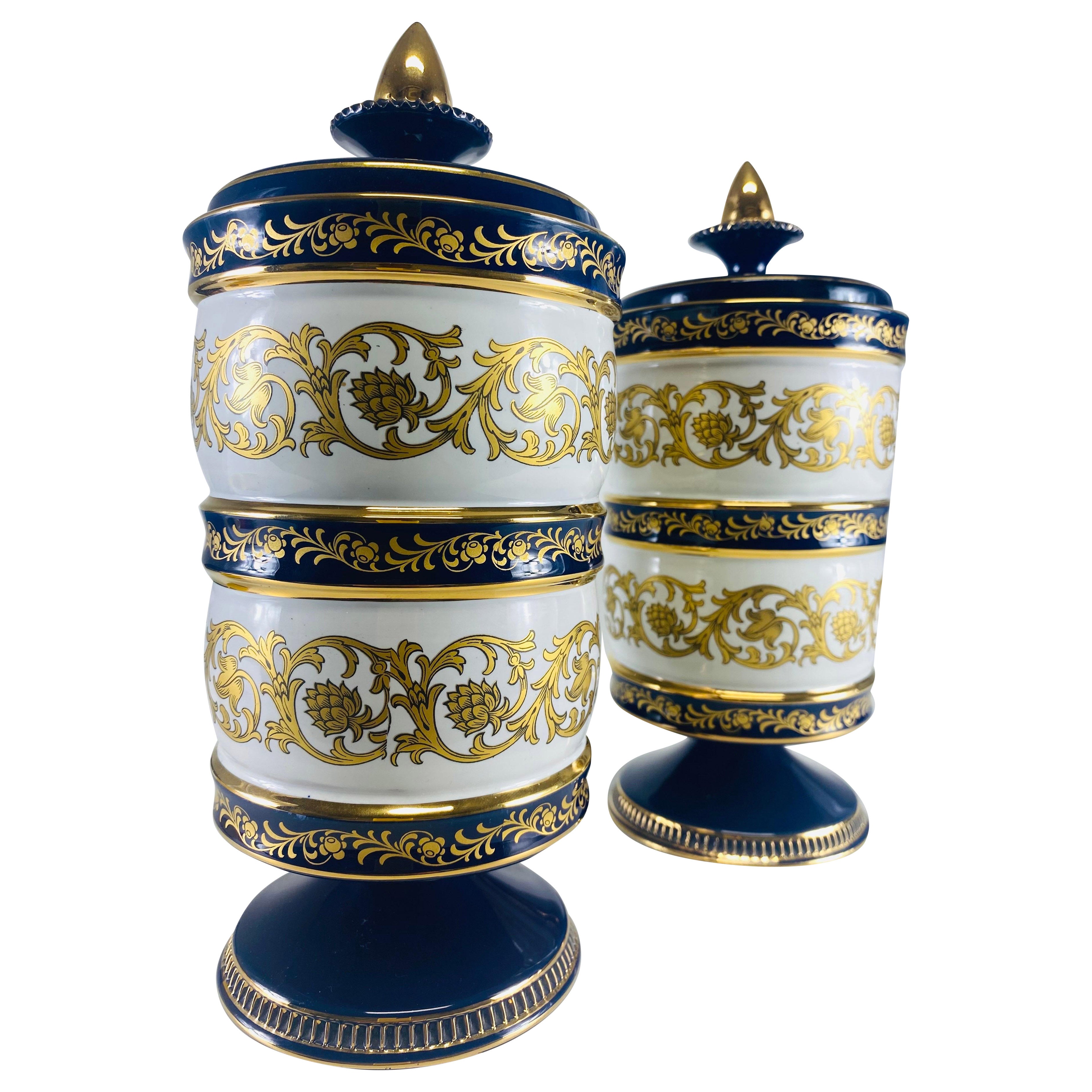 Pots italiens vintage bleu cobalt et or du milieu du siècle dernier