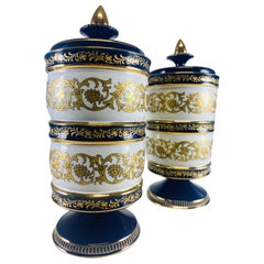 Mid-century vintage cobalt blue and gold Italian porcelain jars
