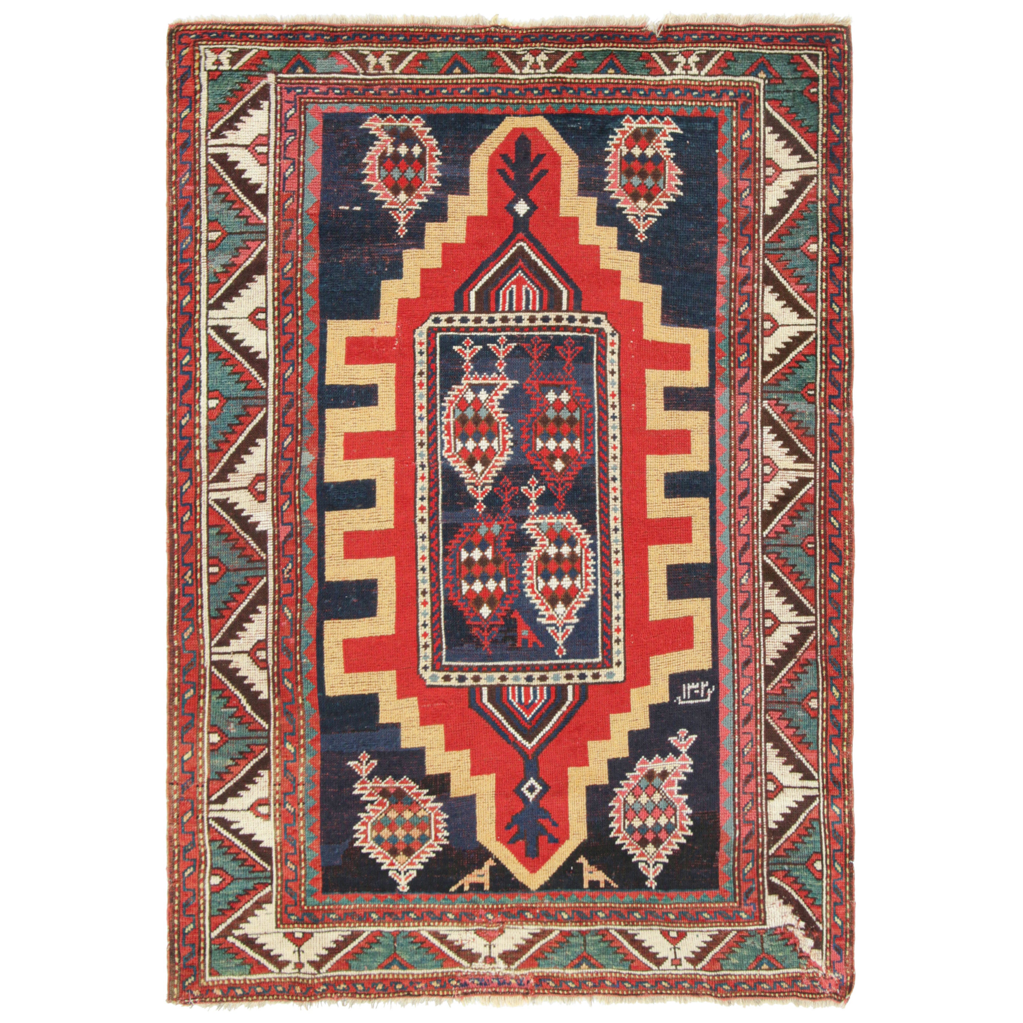Antique Kazak Rug in Red and Blue Tones with Geometric Medallion - Rug & Kilim