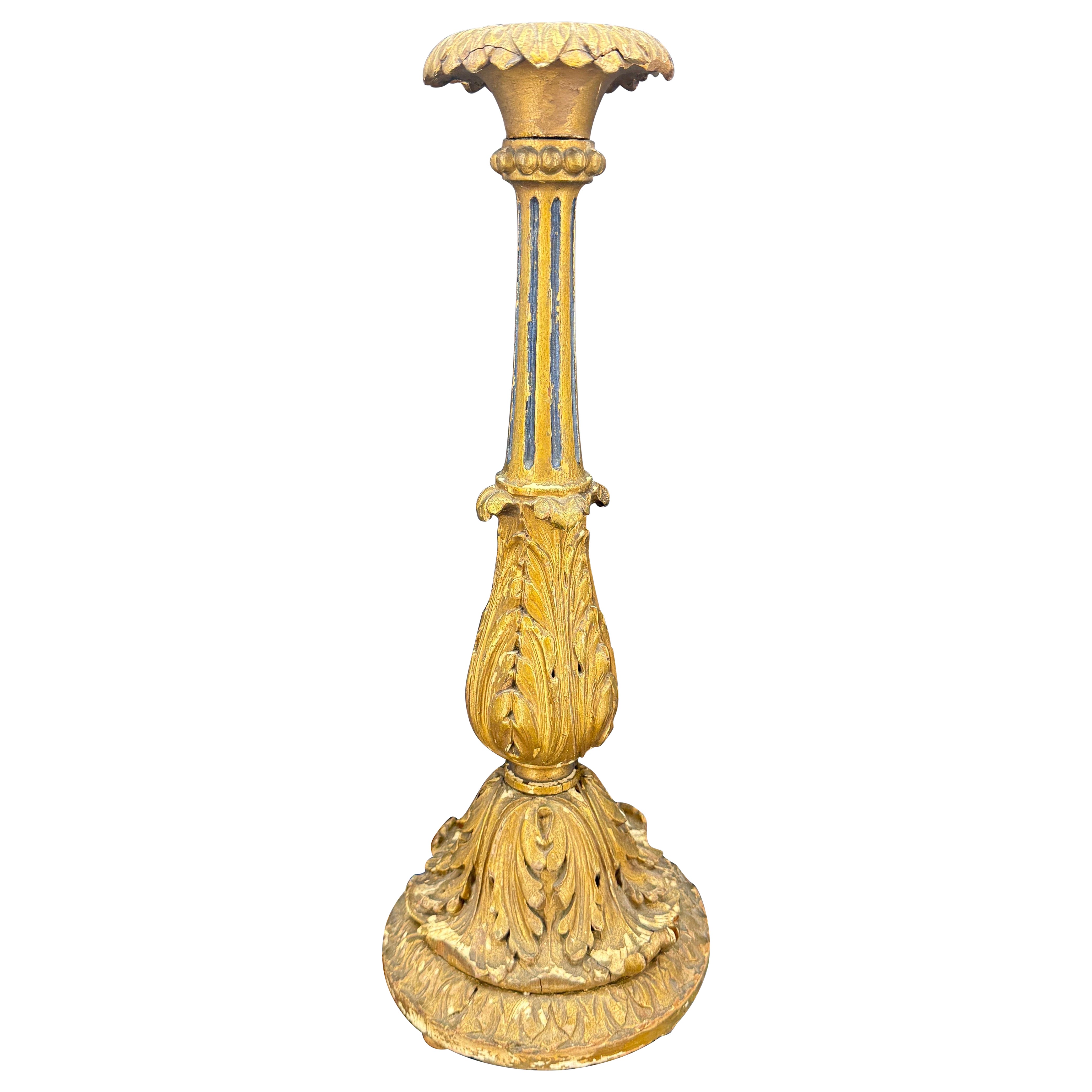 Early 19th Century Tall Italian Wood Gilded Gold Candlestick