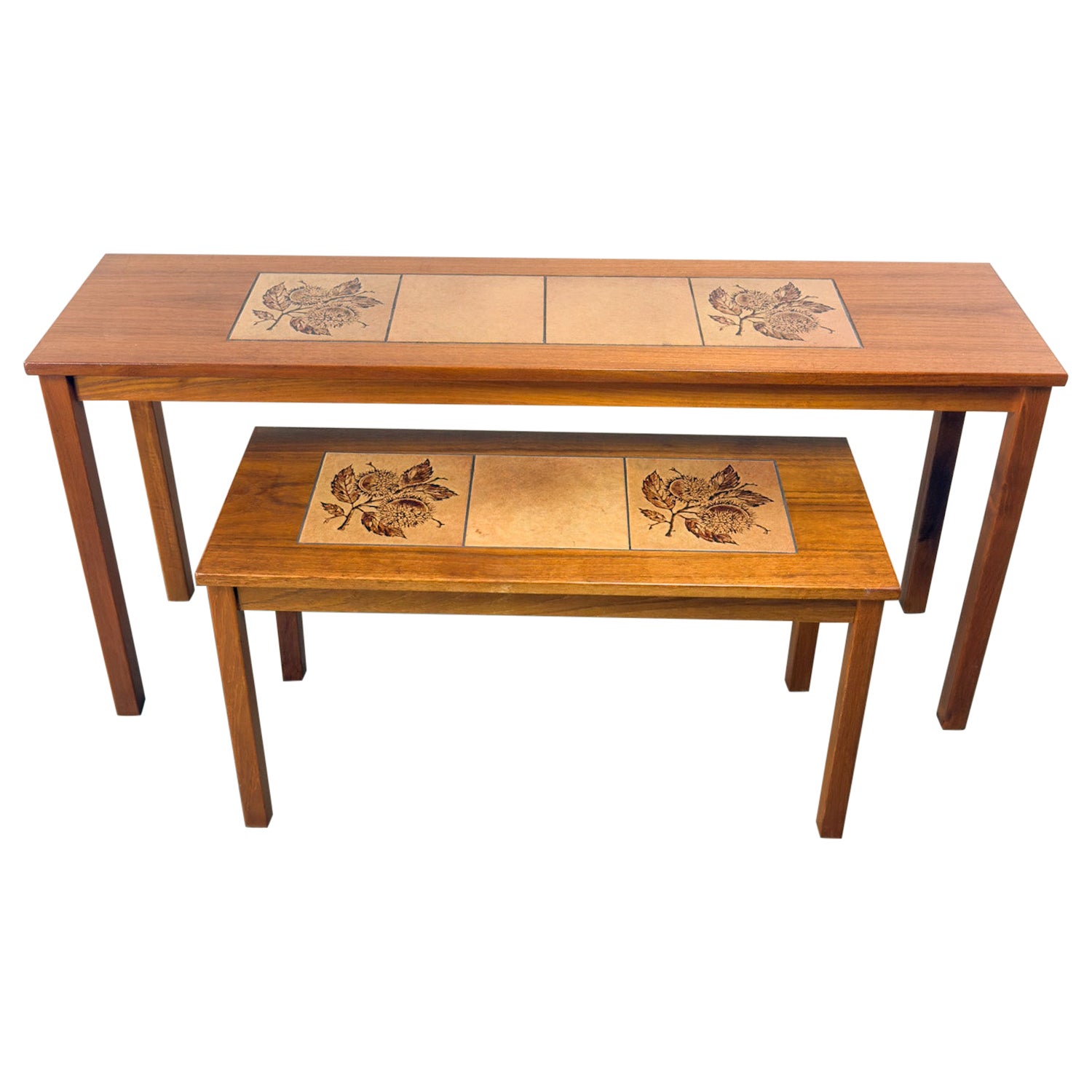 Scandinavian Modern Pair of Teak Nesting Sofa Console Tables w/Tile Insert Tops For Sale