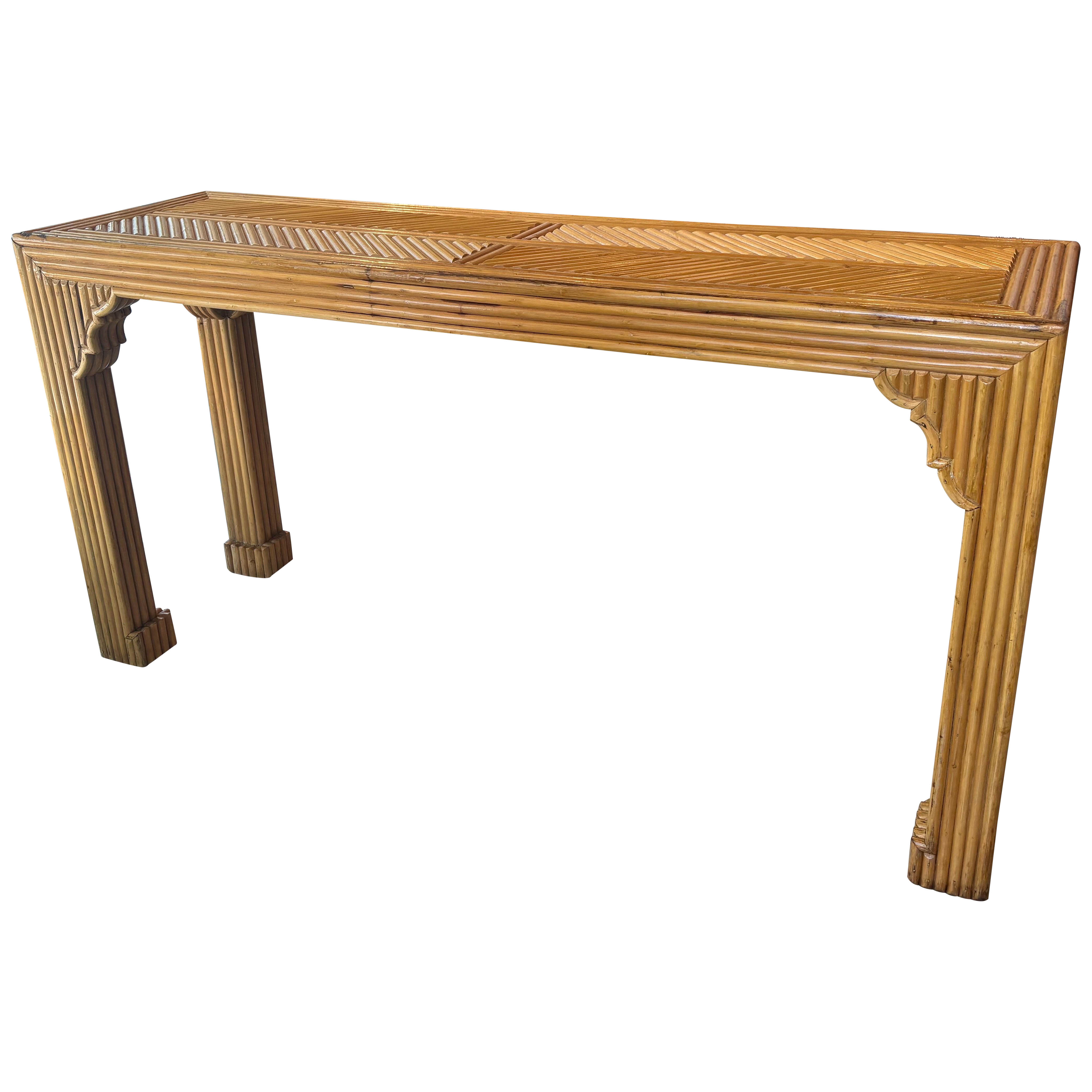 Tavolo consolle vintage in rattan con canne a matita, in stile marocchino e costiero