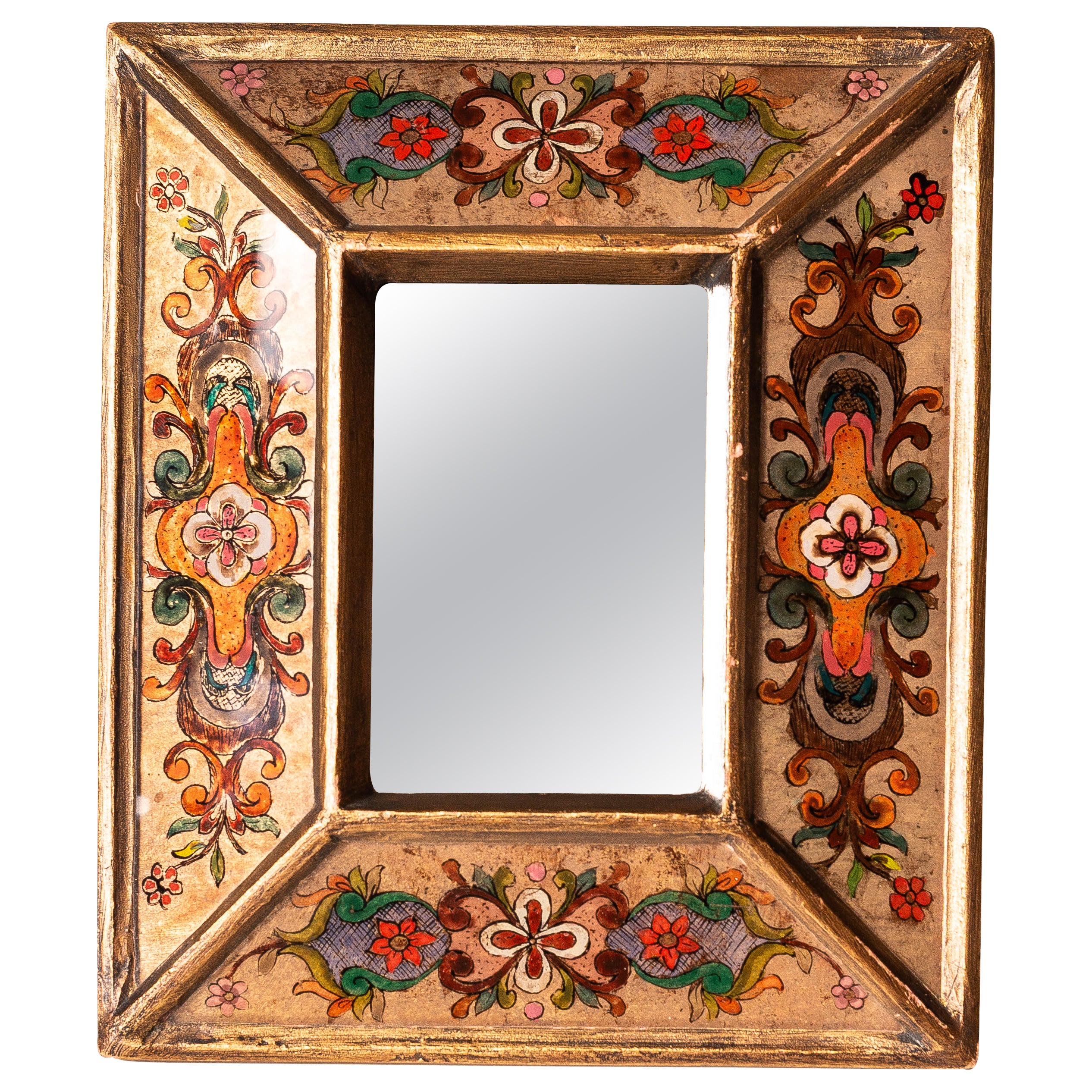 Miroir mural d'artisanat, motifs floraux peints à la main et cadre doré, Pérou 1970