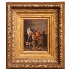 Siglo XIX Óleo sobre tabla Pintura de pollos en marco dorado Firmado E. Coppenolle