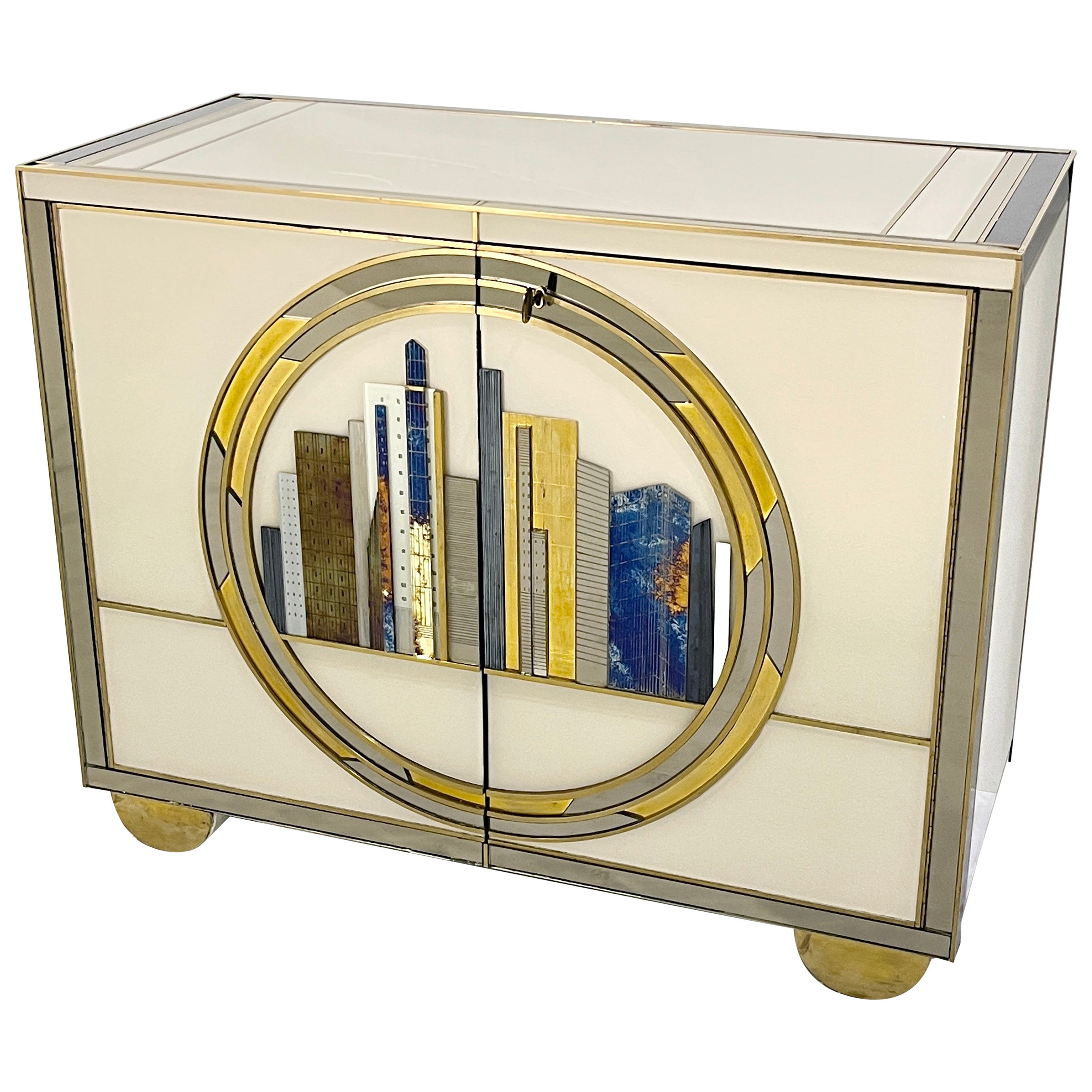 Italienische moderne Elfenbeinschränke nach Maß mit blauem, goldenem und weißem Umriss der Stadt New York