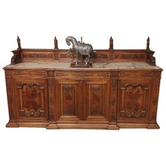 Large French Buffet, 19th Century, Carved Fruitwood and Marble Top
