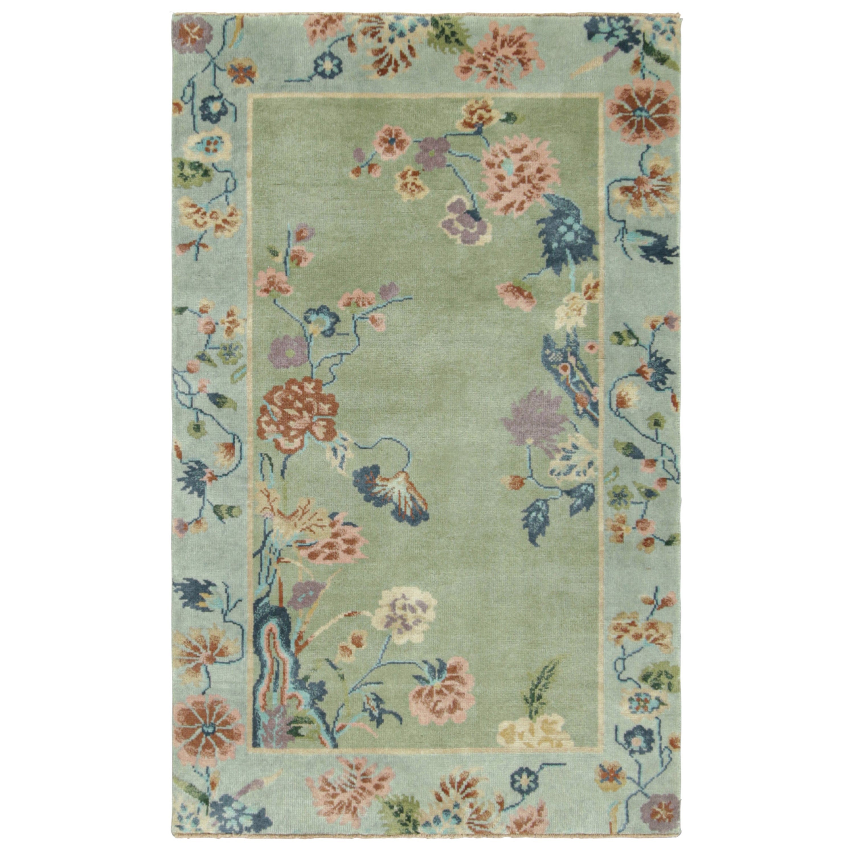 Rug & Kilim’s Chinese Art Deco Style Runner Rug in Green with Floral Patterns