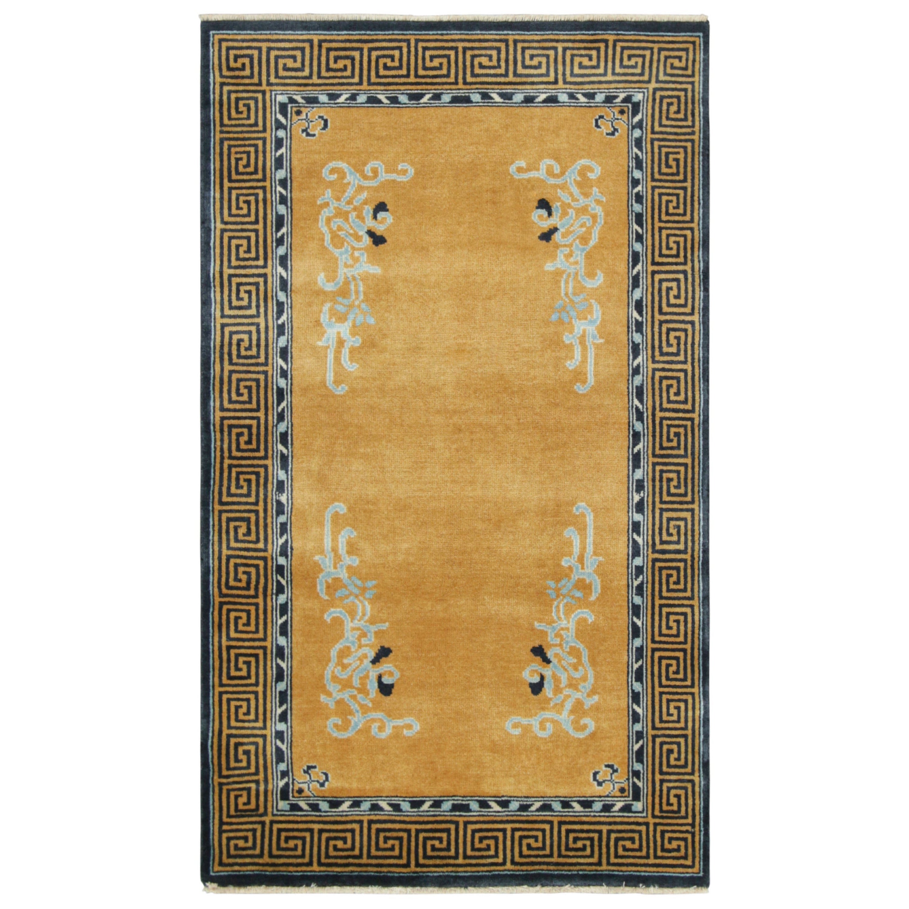 Rug & Kilim’s Chinese Art Deco Style Runner Rug in Gold with Floral Patterns