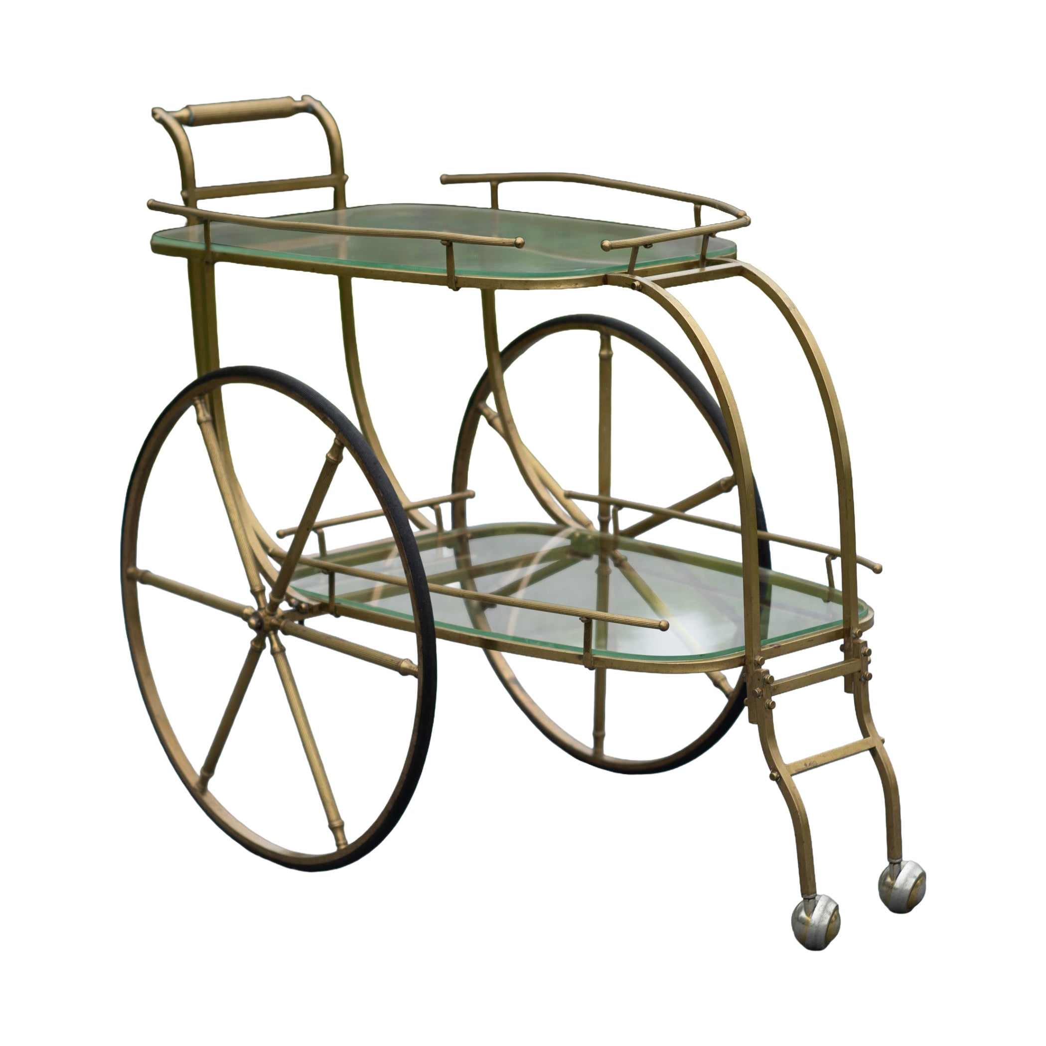 Italian Hollywood Regency Style Brass and Glass Two Tier Bar Cart or Trolley