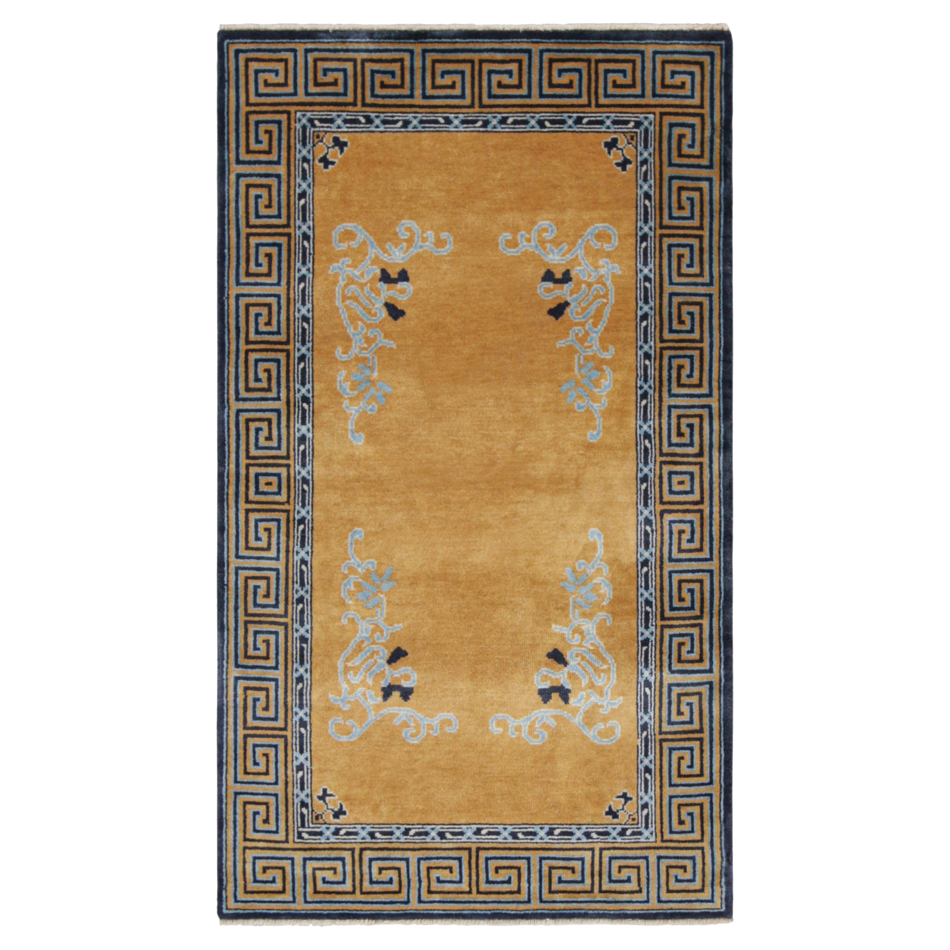 Rug & Kilim’s Chinese Art Deco Style Runner Rug in Gold with Floral Patterns