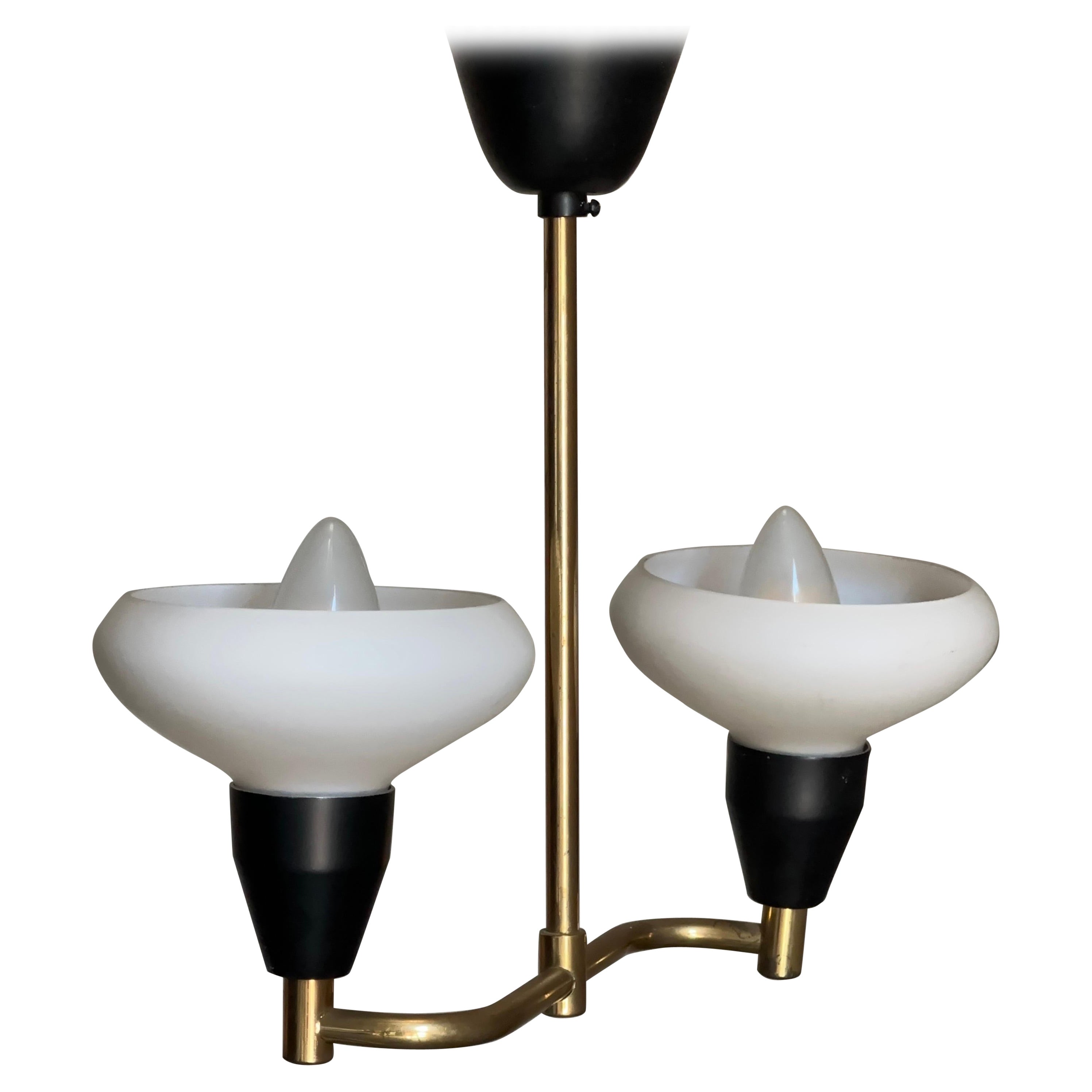 1950s Brass, Metal, and Opaline Glass Hanging Ceiling Light, Sweden