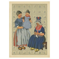 Donne e bambini di Volendam in abiti tradizionali da lavoro e di tutti i giorni, litografia 1932