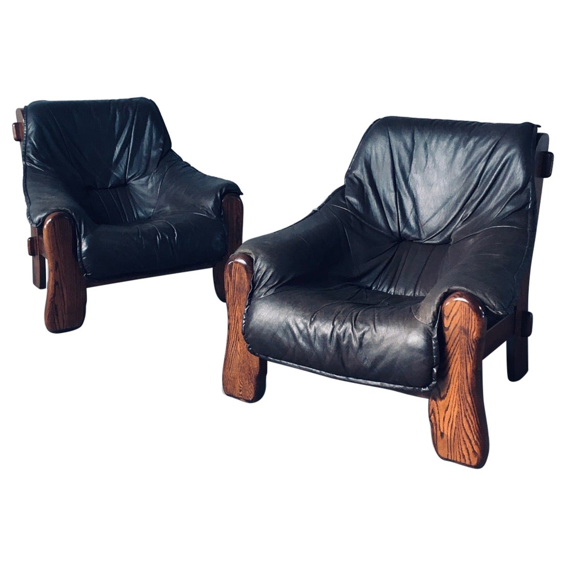 1970's Brutalist Design Leather & Oak Lounge Chairs