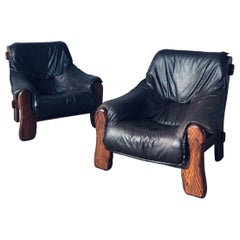 1970's Brutalist Design Leather & Oak Lounge Chairs