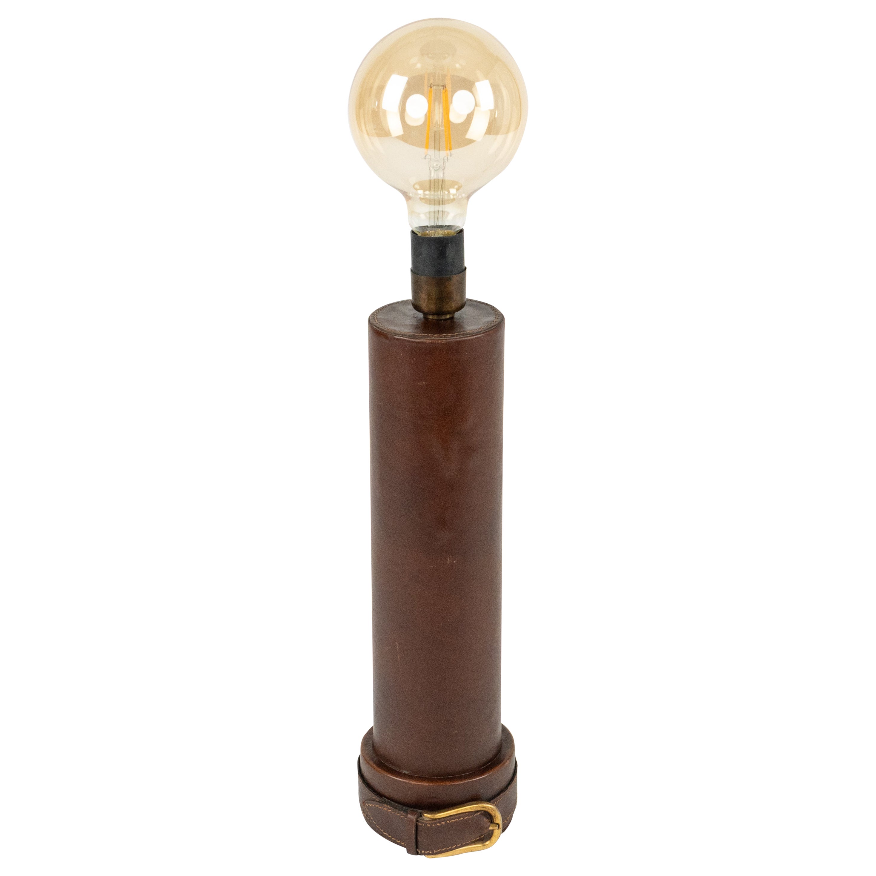 Midcentury Table Lamp Leather With Brass Buckle Jacques Adnet Style, Italy 1960s