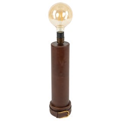 Midcentury Table Lamp Leather With Brass Buckle Jacques Adnet Style, Italy 1960s