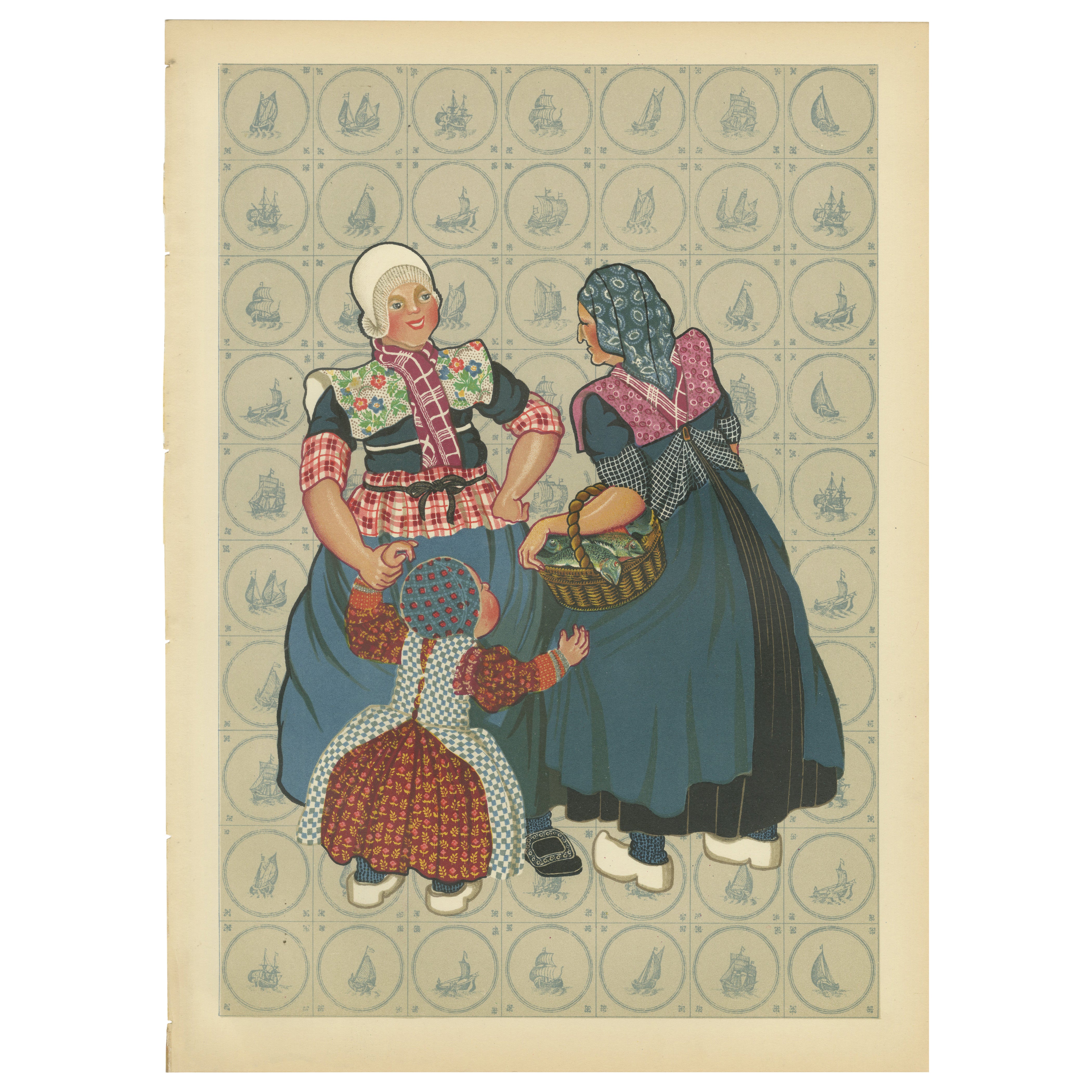 Spakenburg Frauen im Sonntagskleid mit Kind - Niederländischer Kostümdruck (1932)