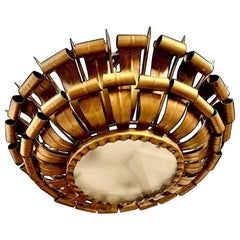 Luminaire XXL en métal doré et verre dépoli , circa 1950