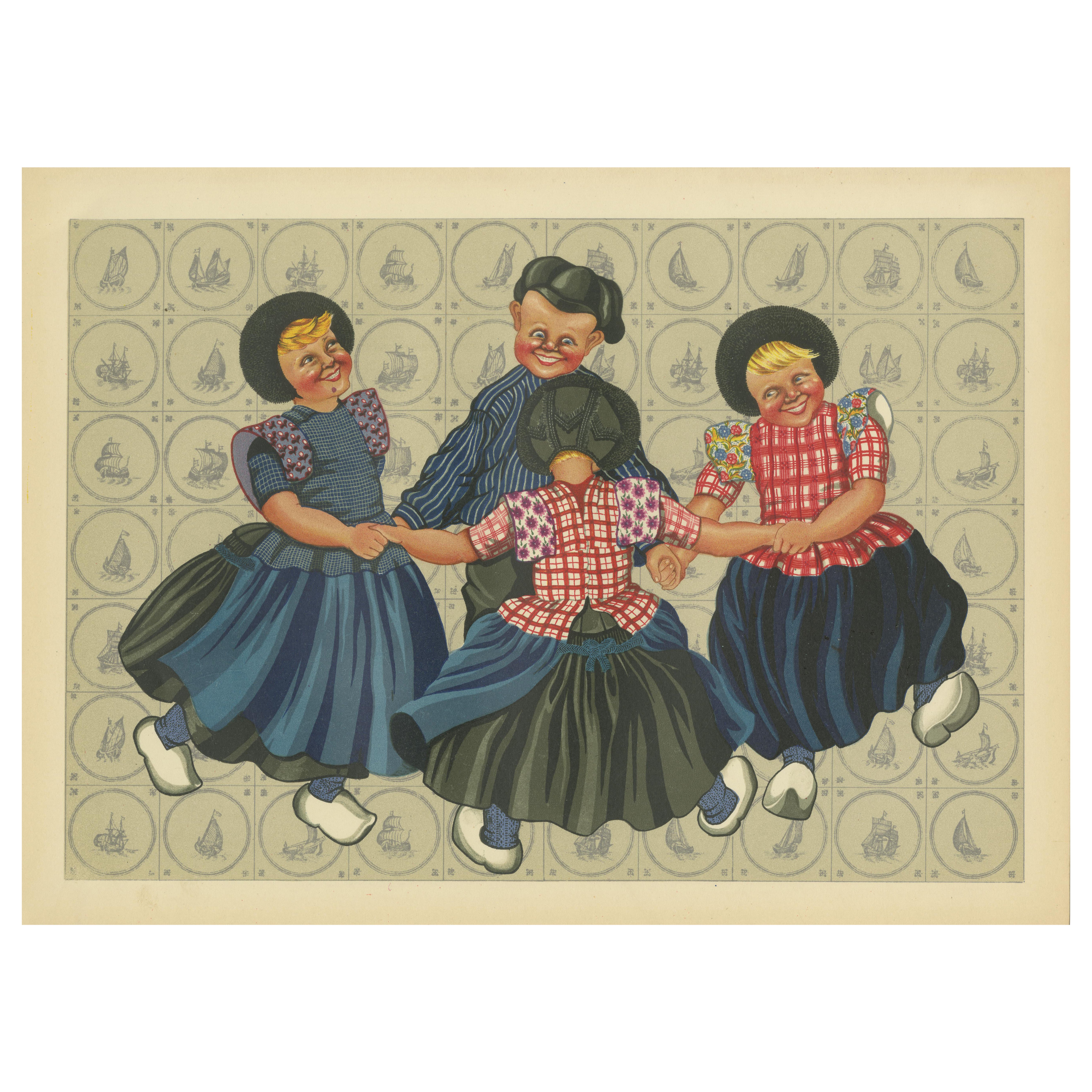 Alegre baile redondo de niños en traje de Spakenburg - Impresión de arte popular holandés, 1932