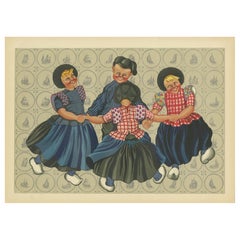 Vintage Joyful Children's Round Dance in Spakenburg Costume – Dutch Folk Art Print, 1932