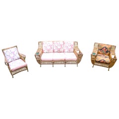 Three Piece Set of Art Deco Split Reed Wicker Seating Sofa Two Lounge Chairs