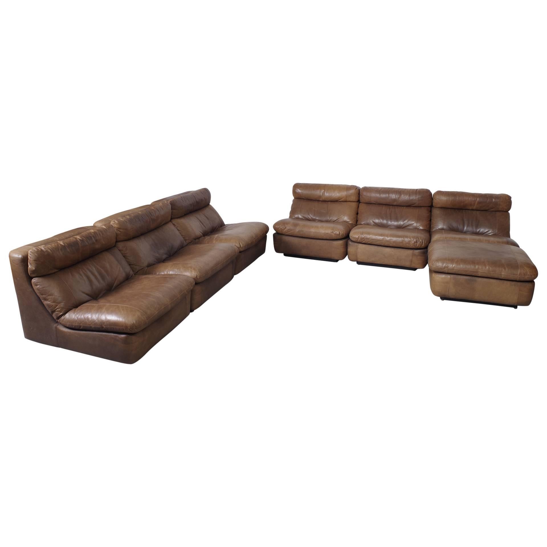 Brown Leather Sectional Sofa with Hocker For Sale