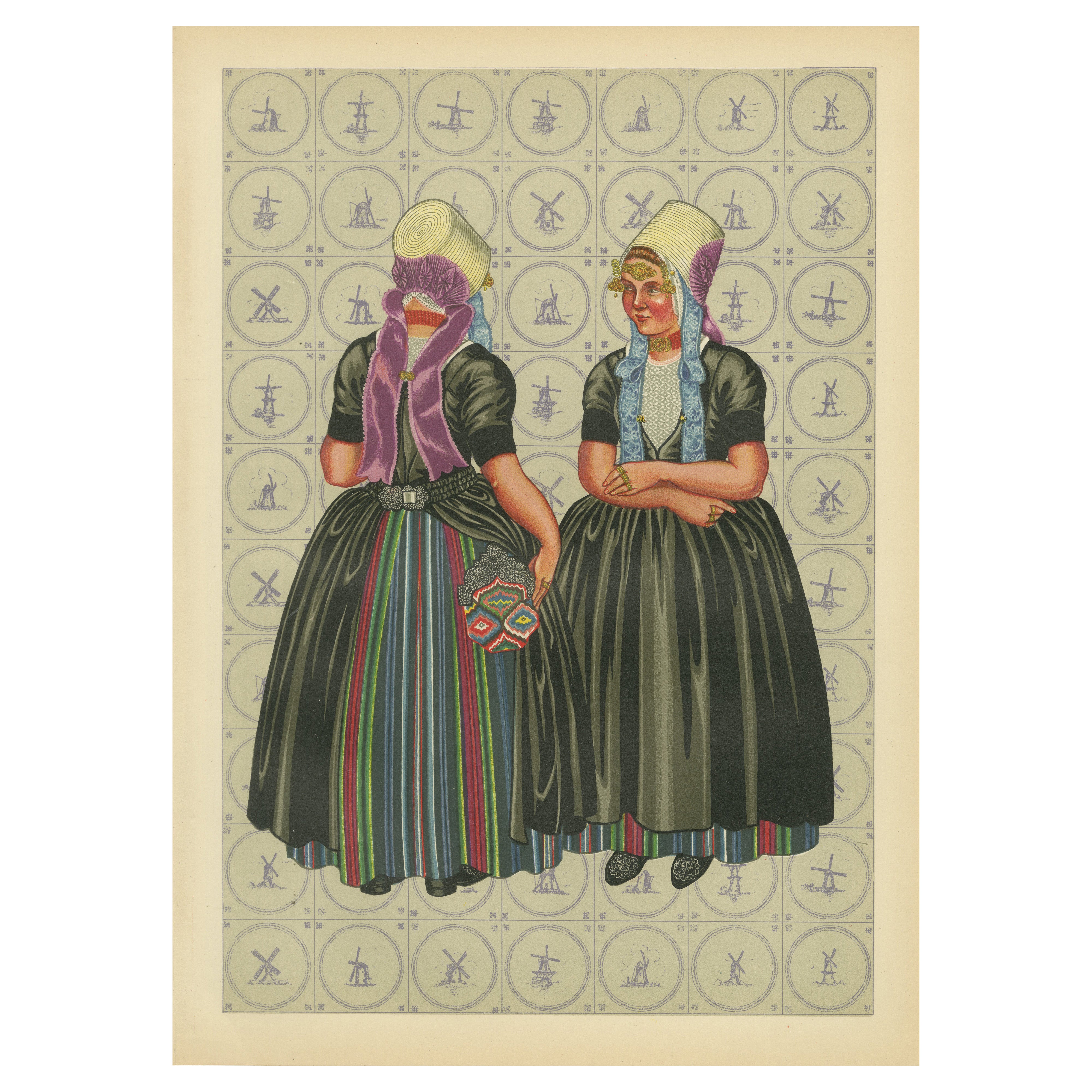 Litografia di un abito da donna di Walcheren con cofani e beuk, 1860-1890 ca.