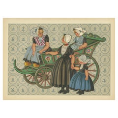 Ragazze colorate di Walcheren in abiti tradizionali che cavalcano un carretto del mercato dipinto, 1932