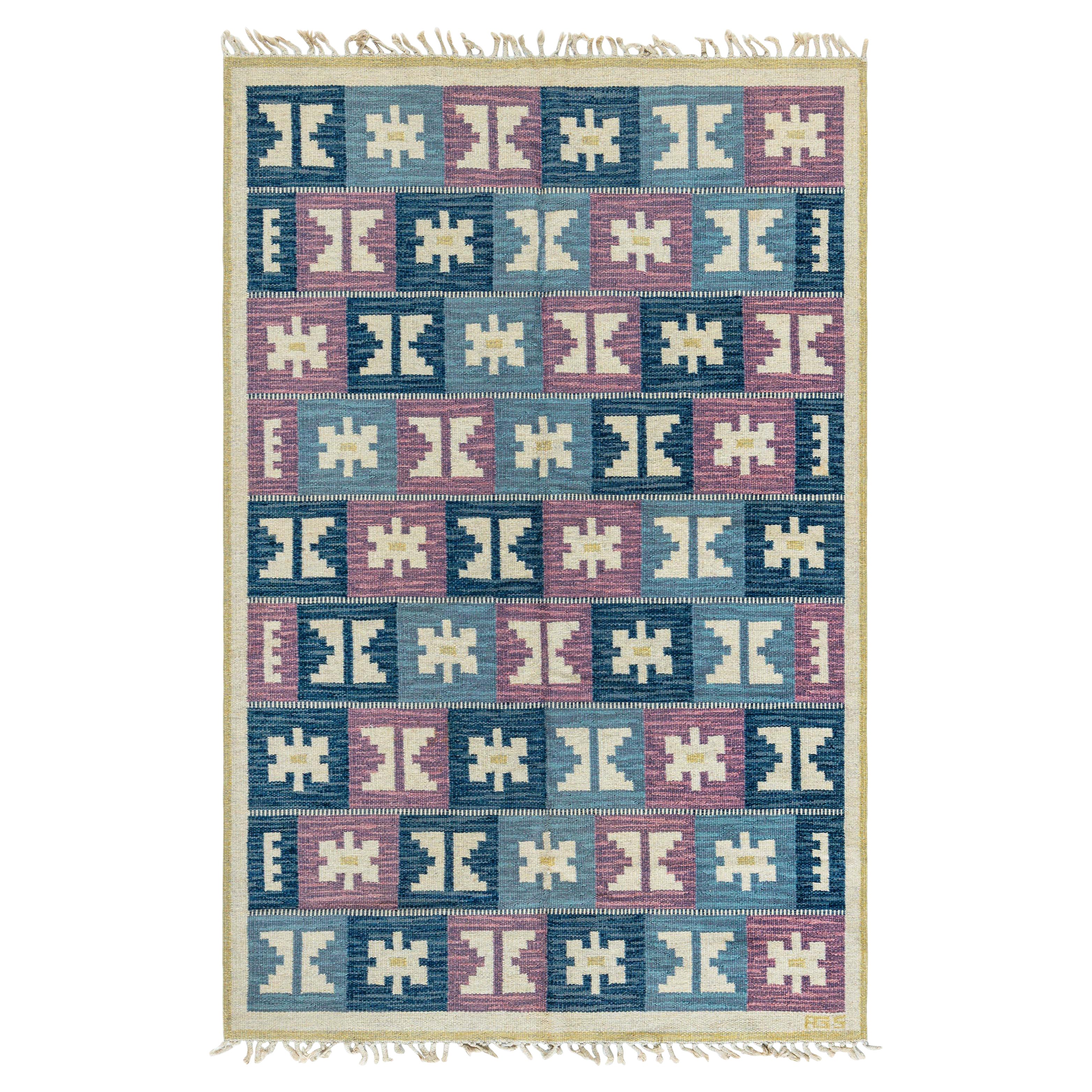 Doris Leslie Blau Tejido plano geométrico sueco vintage de Anna-Greta Sjöqvist