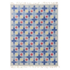 Doris Leslie Blau Alfombra de lana sueca de tejido plano geométrico de mediados del siglo XX