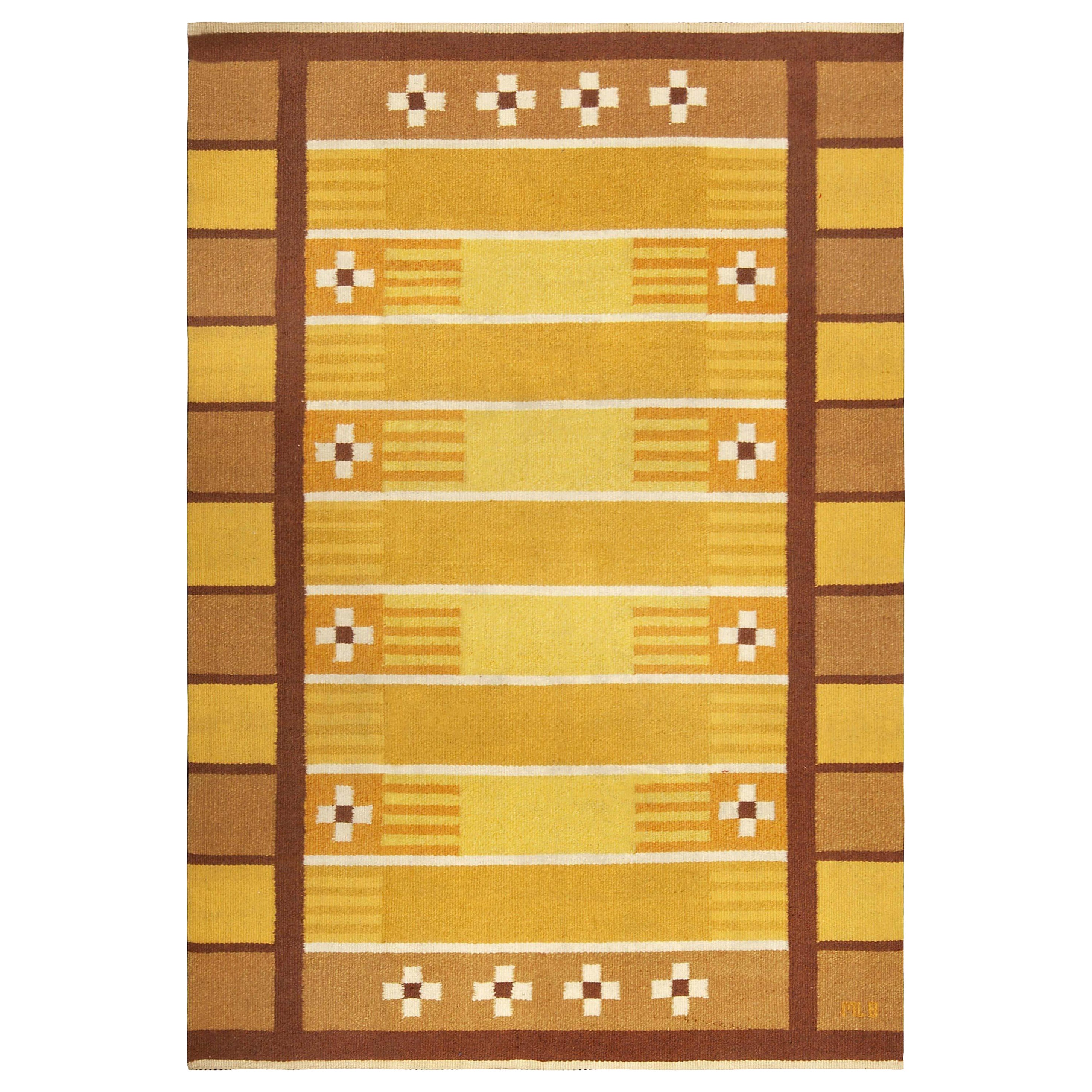 Doris Leslie Blau Midcentury Swedish Yellow Brown Handwoven Wool Rug