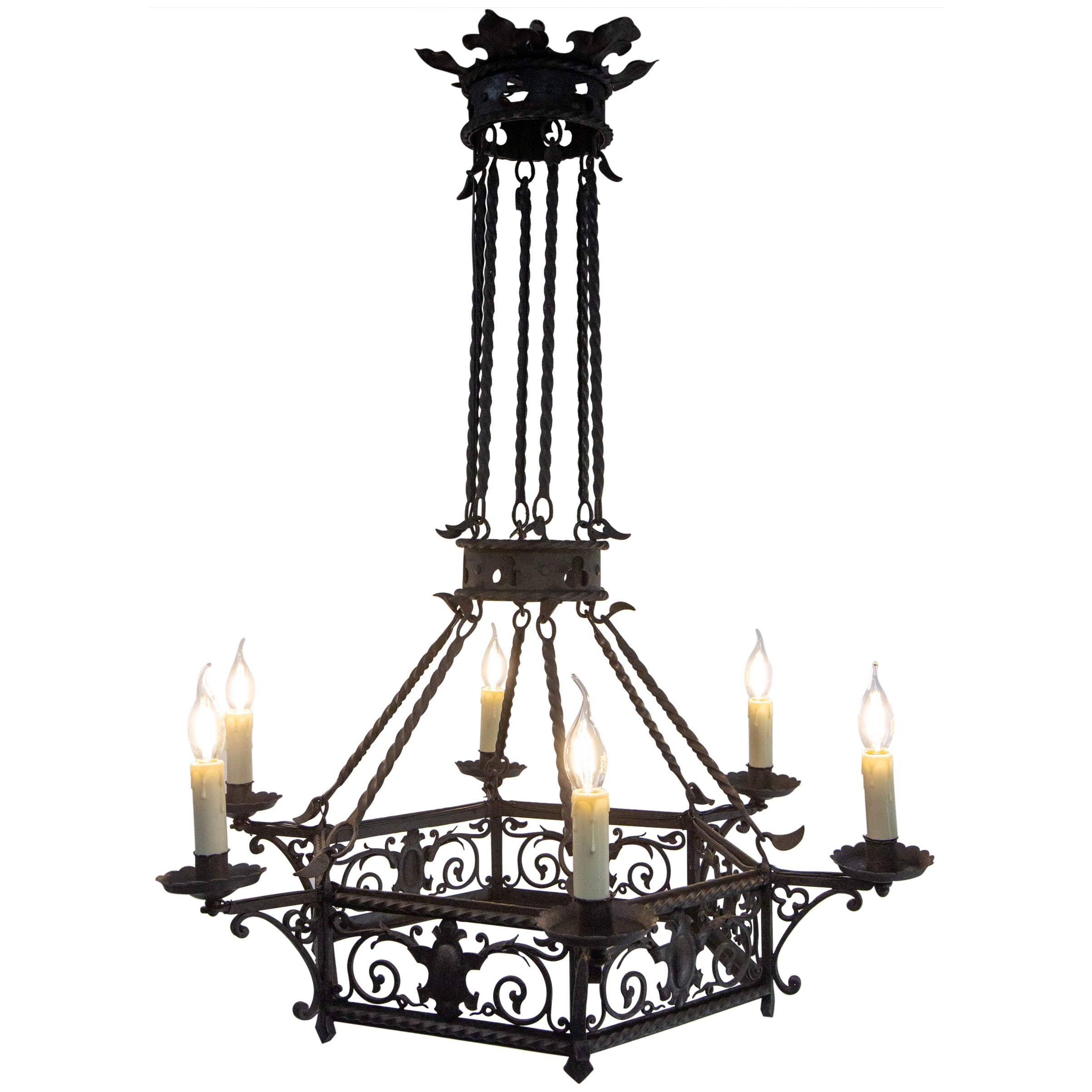 French Gloves & Crests Chandelier Ceiling Pendant Lustre Wrought Iron c 1900