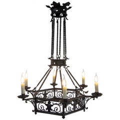Lampadario a soffitto a guanti e cimieri francese in ferro battuto lustro c.1900