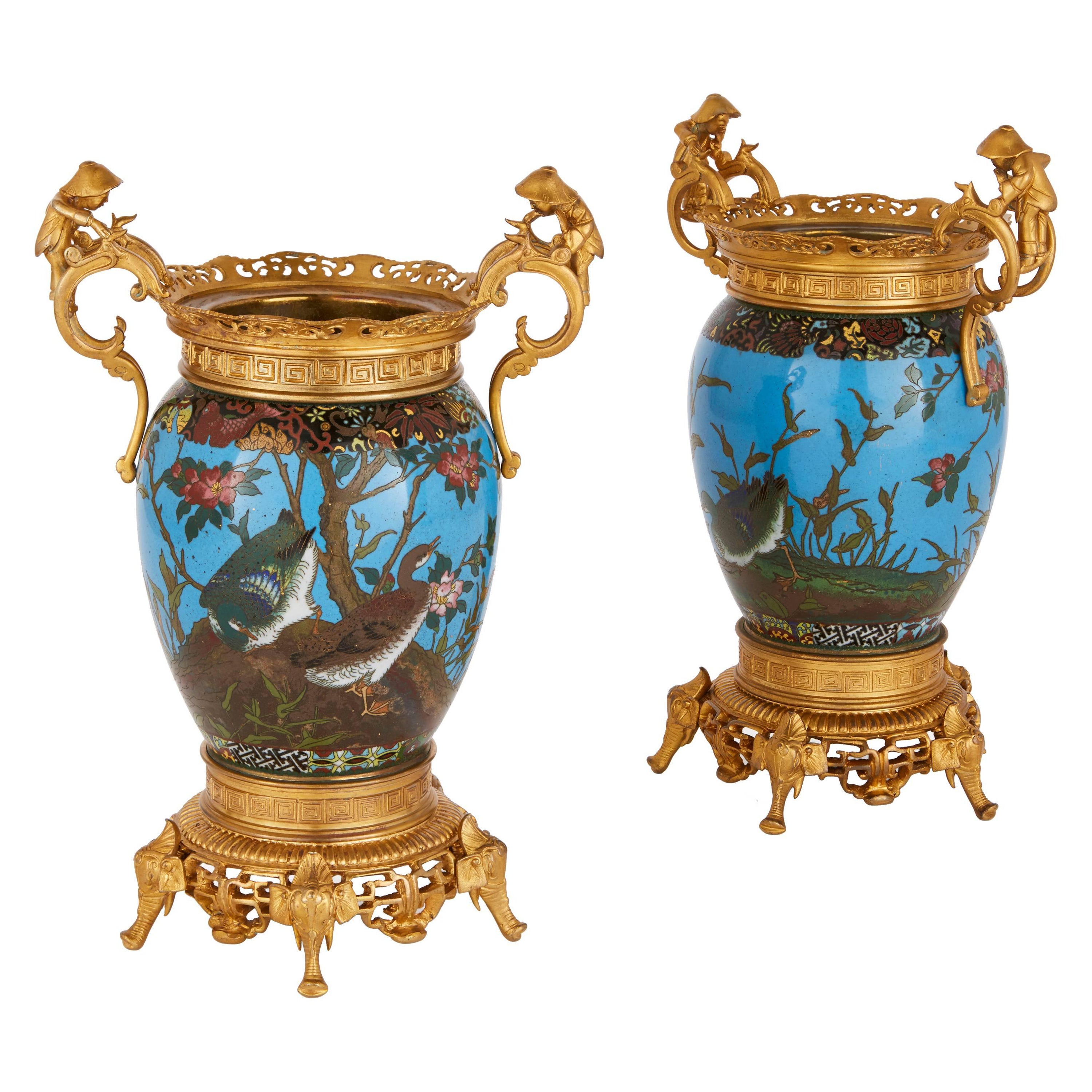 Pair of Antique Japanese Cloisonné Enamel Vases with French Ormolu Mounts